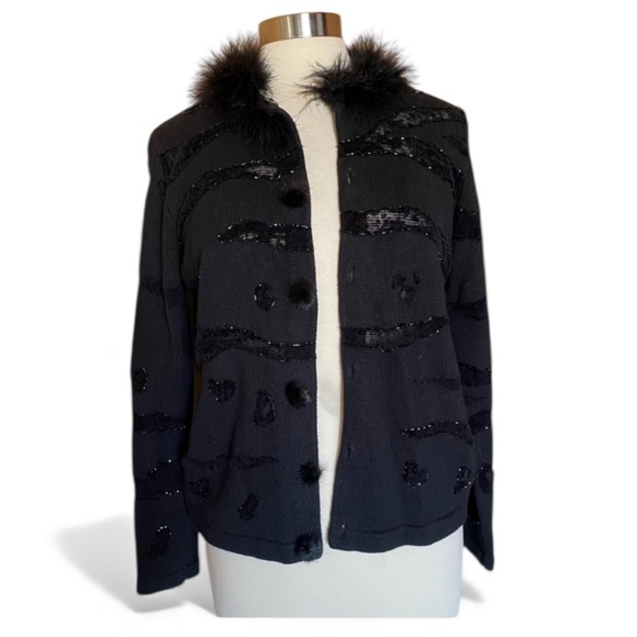 berek Sweaters - Berek Vintage Sequin Cardi Faux Fur Collar Mesh Inset Black Sweater M Glam Goth